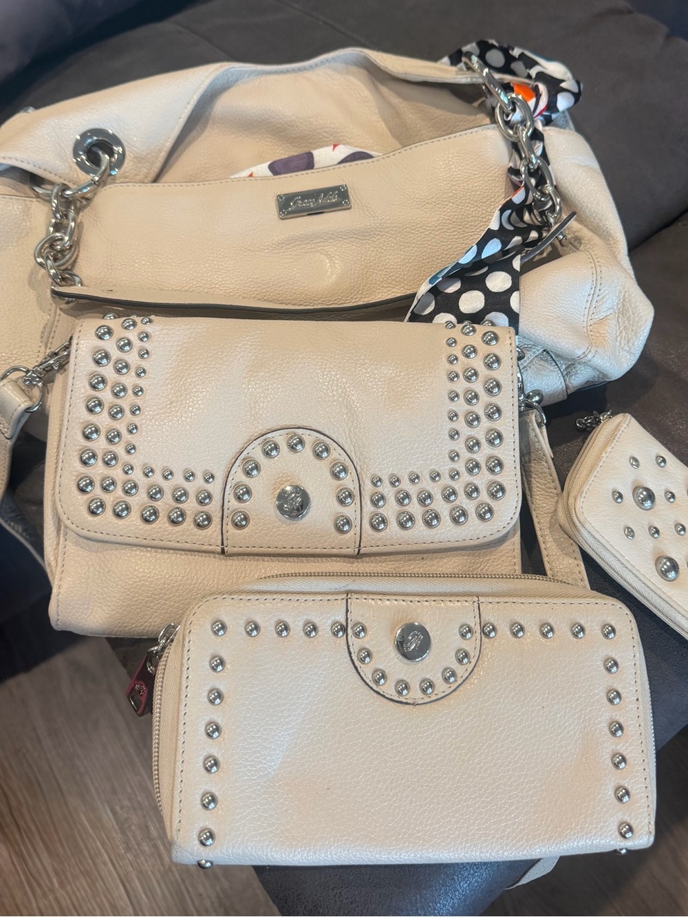 Grace Adele Cream Leather Studded Satchel Set with Silver Hardware